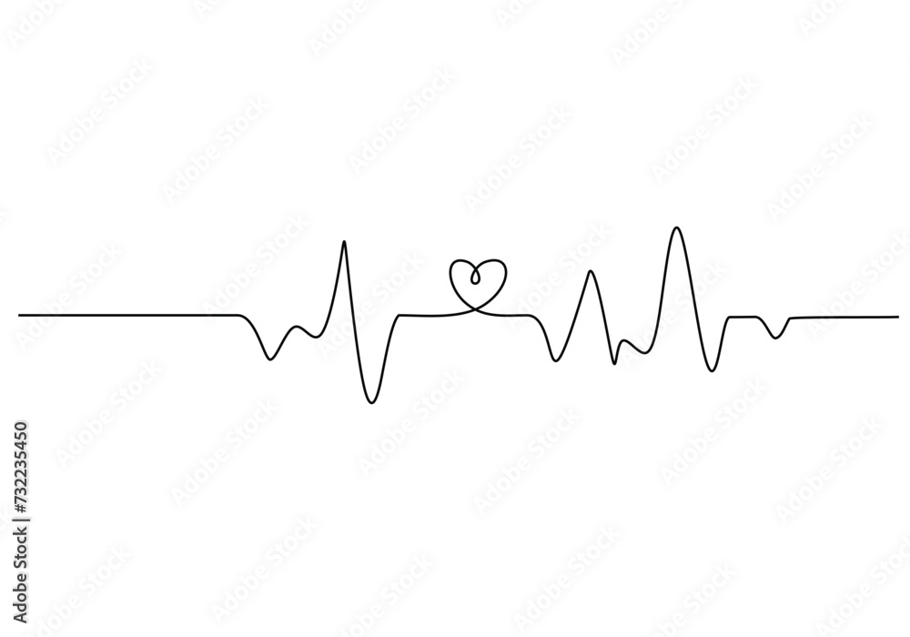 heart pulse Continuous one line drawing. Heartbeat cardiogram healthcare concept. Vector illustration single sketch outline.