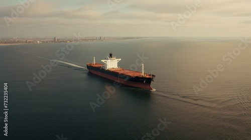 Aerial top view of cargo ship in sea.