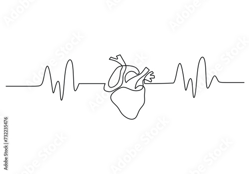 One line heart beat with wave. Anatomy symbol of cardiogram healthcare.