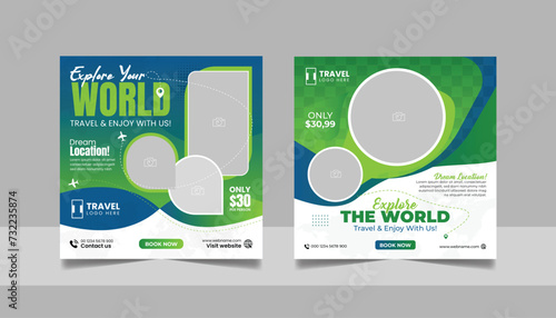 Travel tour promotion banner traveling business social media post or tourism marketing square flyer template