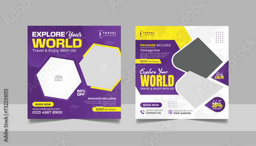 Travel tour promotion banner traveling business social media post or tourism marketing square flyer template