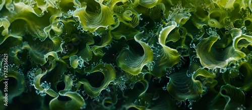 A detailed view of a vibrant green sponge, resembling a terrestrial plant or grass, set against a contrasting black background.