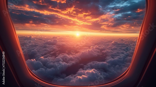 Viewing the serene cloudscape through twin airplane windows at dawn