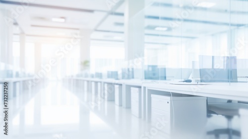 Blurred background of white modern interior office, rows of computer tables and chairs.