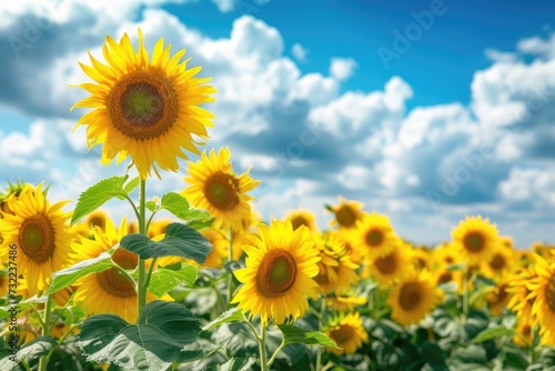 Field of blooming sunflowers against a blue sky.