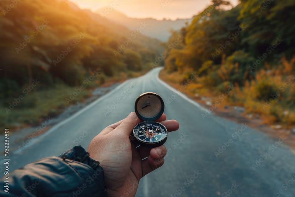 Hand man holding compass navigator on road. Travel concept Hand man holding compass navigator on road. Travel concept