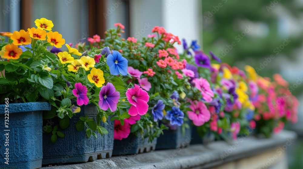 Colorful flowers growing in pots on the balcony.