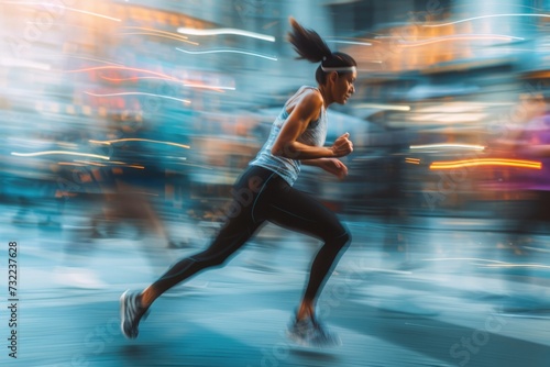 A young female runner jogging at night on a city street with street lights with night exercise concept
