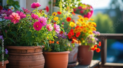 Colorful flowers growing in pots on the balcony. © kardaska