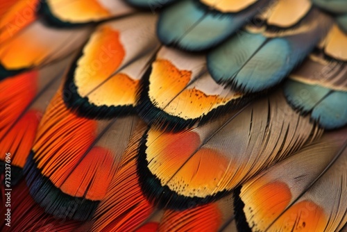 Closeup abstract background image of colorful ring-necked pheasant feathers. © kardaska