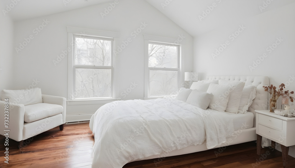 Fototapeta premium white elegant bedroom with cathedral ceiling and hardwood floors