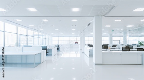 Interior of a modern office building with glass walls and white floor.
