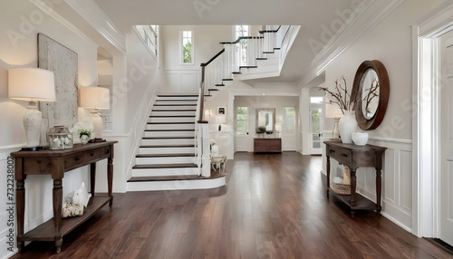 beautiful foyer with wood floors and neutral decor © JL Designs