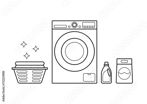 Washing machine, laundry powder and air conditioner, basket. Editable stroke illustration