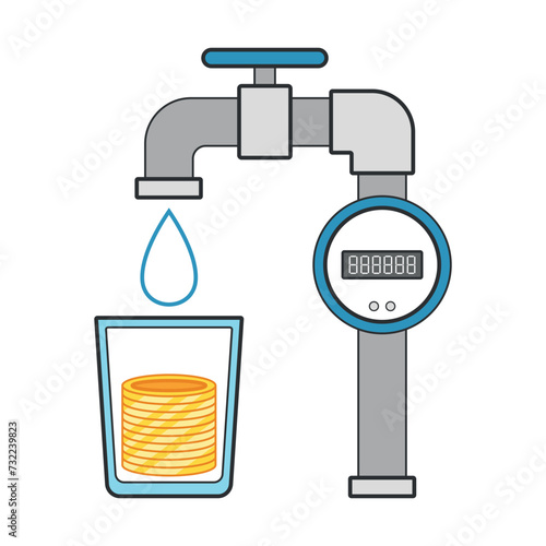 Economical cold water meter. Glass with coins. Colored flat clip art.