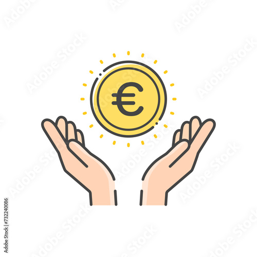 €の文字とコインを持っている人の手のアイコン- ヨーロッパ諸国の通貨･ユーロのイメージ
