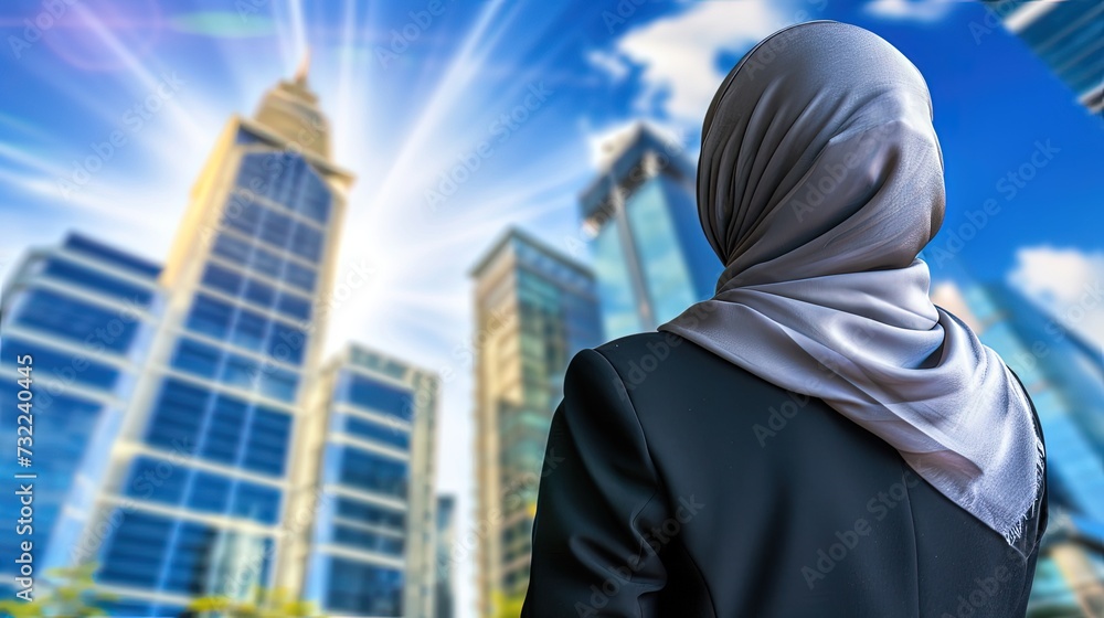 Against the backdrop of majestic skyscrapers, a Muslim businesswoman radiates professionalism and grace, her hijab and formal suit symbolizing her resilience and determination. Against the backdrop of majestic skyscrapers, a Muslim businesswoman radiates professionalism and grace, her hijab and formal suit symbolizing her resilience and determination.