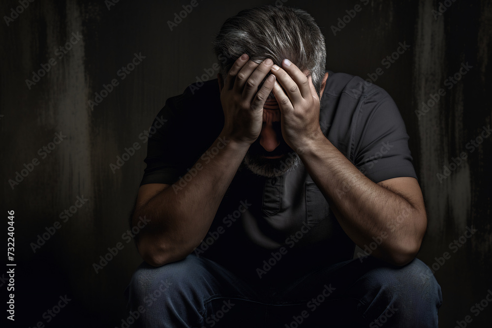 Distressed Man Sitting with Hands on Head in Dark Room. Mental Health and Despair Concept Distressed Man Sitting with Hands on Head in Dark Room. Mental Health and Despair Concept