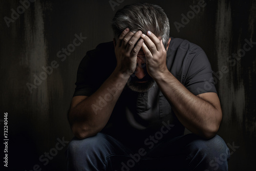 Distressed Man Sitting with Hands on Head in Dark Room. Mental Health and Despair Concept © AspctStyle