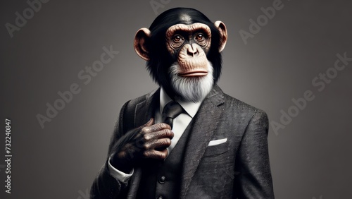 Monkey businessman in a suit and tie on a gray background. Studio shot