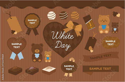 ホワイトデー　チョコレート　ハート　プレゼント　アニバーサリー　フレーム　イラスト　セット	