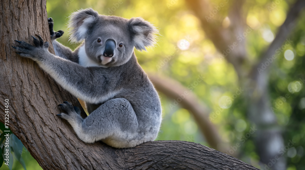 Fototapeta premium Tag des Artenschutzes - Koala sitzt auf einem Baumstamm umgeben von üppigem grün