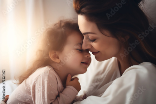 Tender Moment Between Mother and Child Enjoying Morning Cuddles in Bed. Family Love and Comfort Concept
