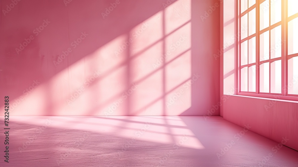 Obraz premium Minimal room interior with incident light from window. Pastel pink color. Copy space.