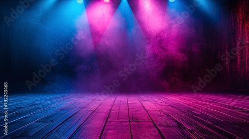 neon dark stage shows empty room neon light spotlights dark blue purple pink background dance floor for product display in studio backdrop for photo shooting