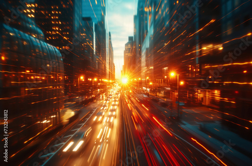 Blurred image of car traffic in the city at sunset