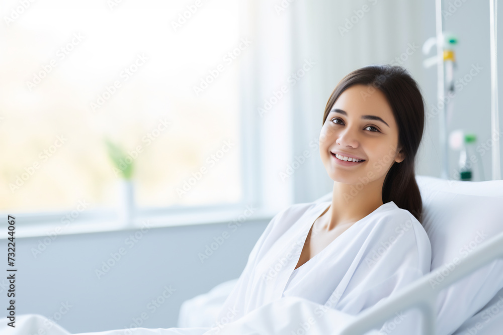 Hopeful Young Female Patient Smiling in Hospital Room. Healthcare and Recovery Concept Hopeful Young Female Patient Smiling in Hospital Room. Healthcare and Recovery Concept