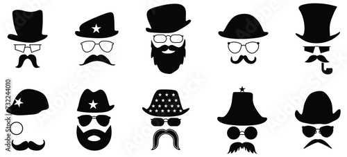 Vintage heads in glasses hat with mustache set. Fashion gentleman and hipster character with vintage style for masquerade and designer vector avatar