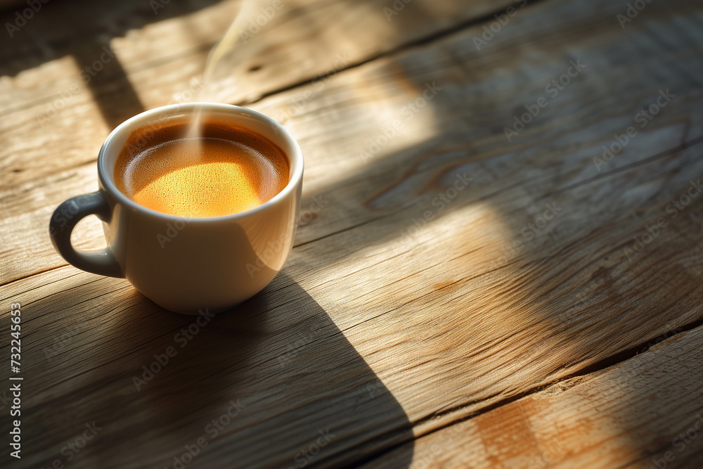 A coffee cup placed on a wooden table and the morning sunlight shining on it create a beautiful blend of shadows in the morning. A coffee cup placed on a wooden table and the morning sunlight shining on it create a beautiful blend of shadows in the morning.