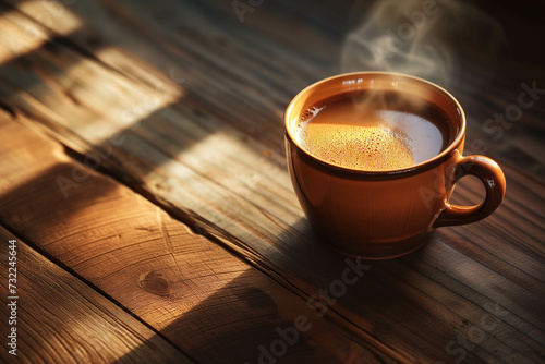 A coffee cup placed on a wooden table and the morning sunlight shining on it create a beautiful blend of shadows in the morning. photo