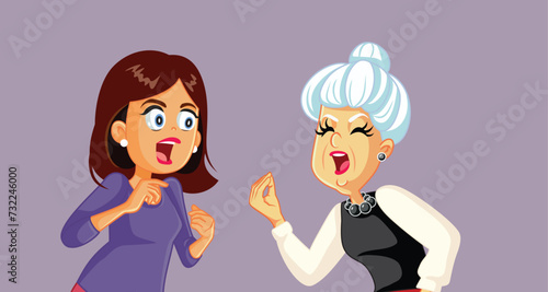 Angry Woman Fighting with her Elderly Mom Vector Cartoon illustration. Unhappy mom and girl having an argument from generational gap misunderstandings. 
