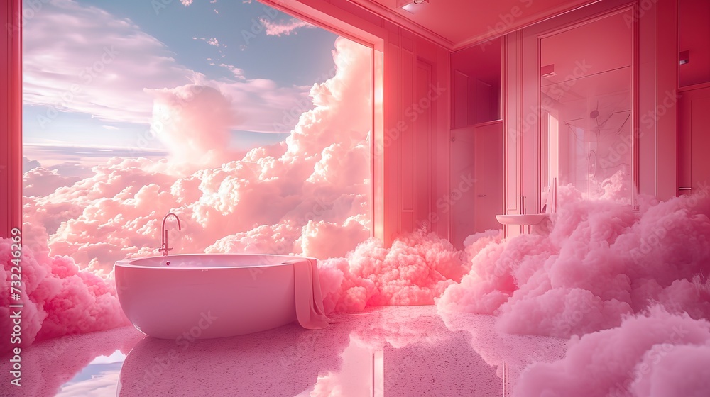 Pink magenta fantastic 3d clouds in the room interior, sky and landscape. Gentle colors and with bright lights.  - obrazy, fototapety, plakaty 
