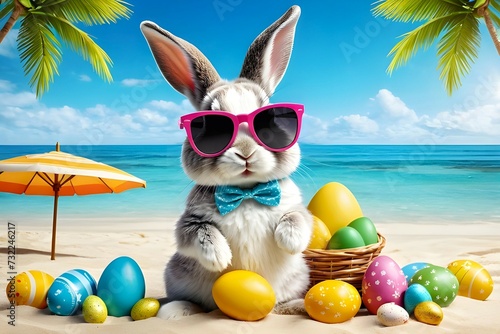 Cute bunny wearing sunglass enjoying in a summer beach with colorful easter eggs