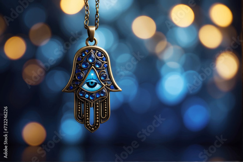 The Hamsa Hand Pendant on blue bokeh background photo