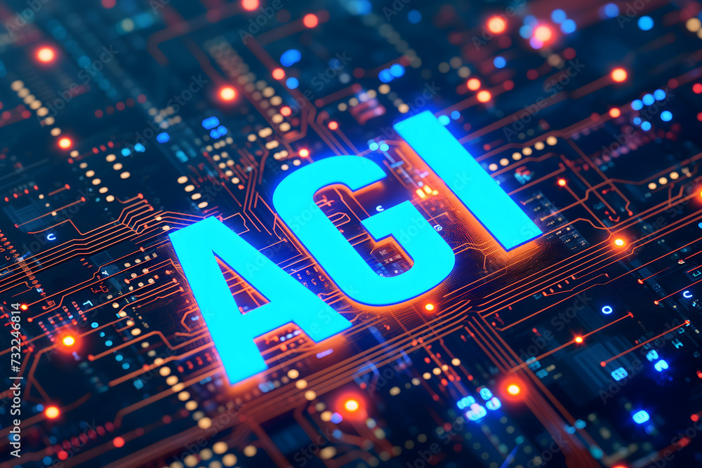 AGI - artificial general intelligence - microchip on black circuit board with orange glow, dedicated AI hardware concept AGI - artificial general intelligence - microchip on black circuit board with orange glow, dedicated AI hardware concept