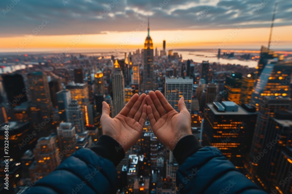 Hands cupped over the city of New York - obrazy, fototapety, plakaty 