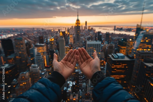 Hands cupped over the city of New York