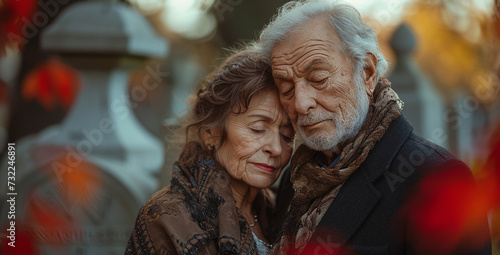 Elderly couple embracing tenderly, showcasing timeless love and affection amidst autumn colors.
