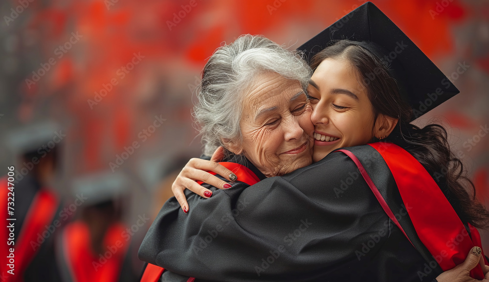 Graduate hugging her grandmother at commencement ceremony, with a blurred crowd in the background.
