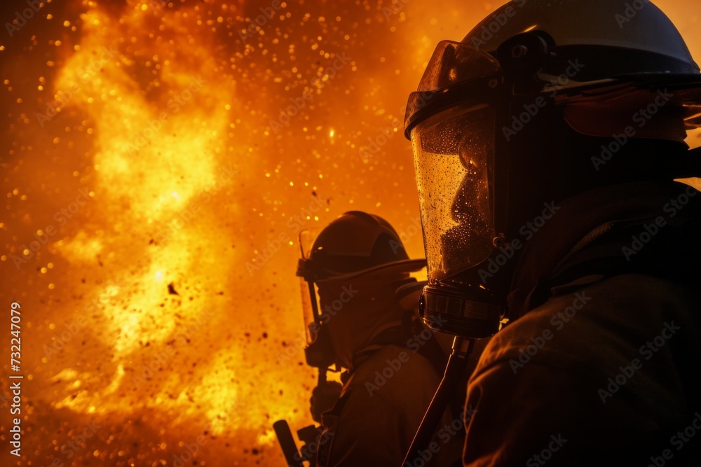 Firefighters bravely battling against heat and danger to control the raging flames of a burning object Firefighters bravely battling against heat and danger to control the raging flames of a burning object