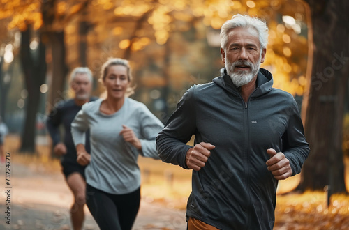Senior man leading a jog with women in an autumn park.