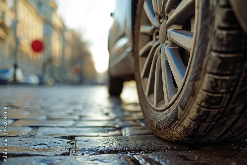 An urban street with a new set of car tires on an asphalt road Stock ...