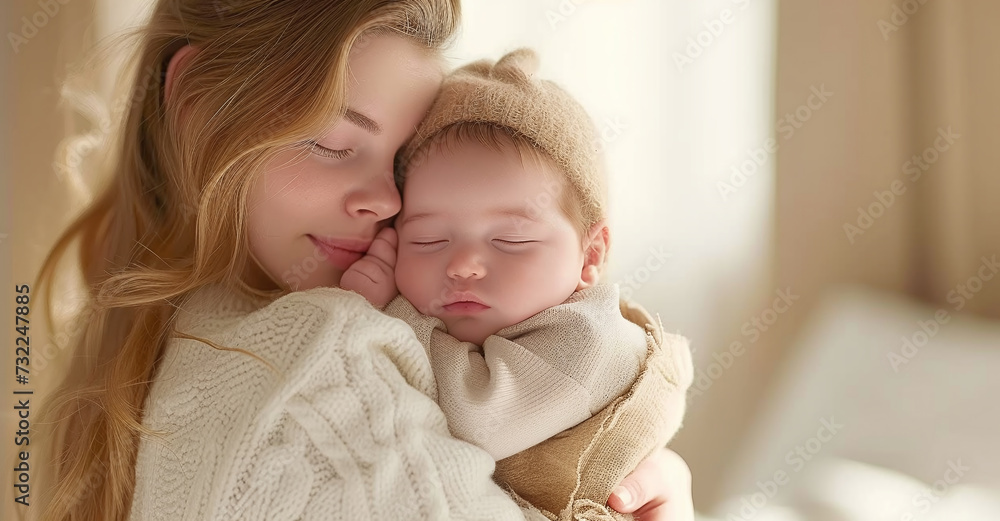 Young mother holding her sleeping newborn baby in a tender embrace, with soft natural lighting.