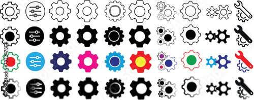 diverse gear and wrench icons, perfect for engineering, design, and presentations. Includes line art, solid, 3D styles. Standout on white background