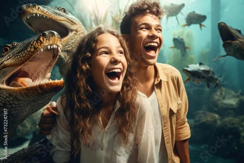 Kids laughing in front of aquarium crocodiles photo