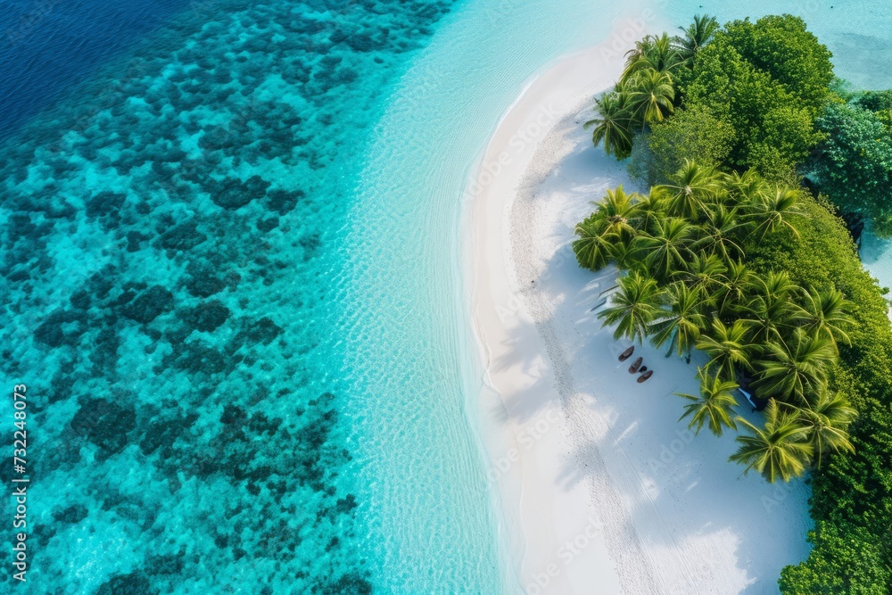 An aerial photograph of a beautiful paradise-like tropical beach on an island in the Maldives